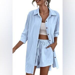 Zeagoo Women’s 2-Piece Lounge Set – Cotton Shorts Set – Blue